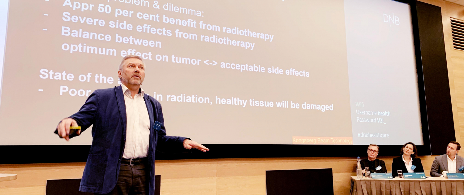 The start-up company Kongsberg Beam Technology wants to direct the precision technology from smart missiles to hit tumours in the human body. — We want to use Norwegian spearhead technology to combat cancer, Per Håvard Kleven said during his pitch at the DNB Nordic Healthcare Conference 11 December 2018. 