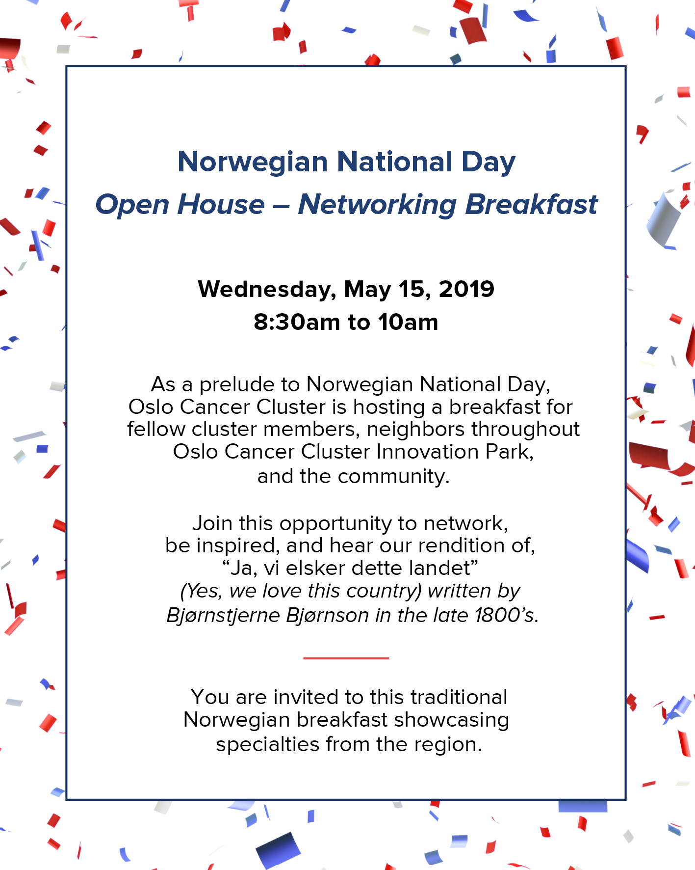 Invitation to Norwegian National Day Open House Networking Breakfast