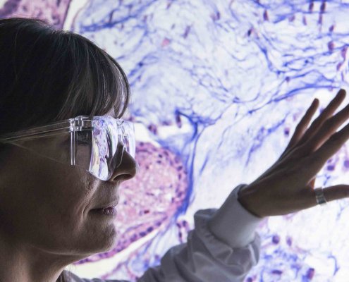 En forsker undersøker et celler fra en kreftsvulst. Illustrasjonsfoto: AstraZeneca