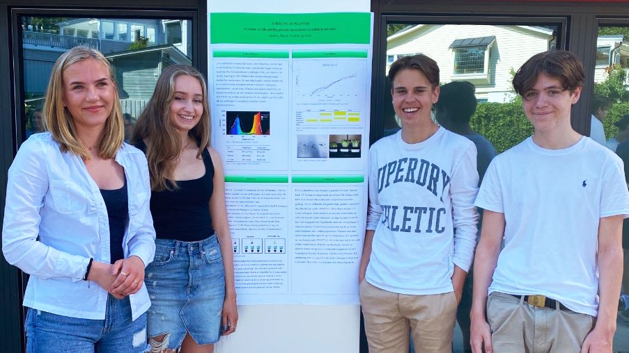 “Does microwave radiation affect the growth of seeds?” by Anine Sundnes, Julia Beatrice Braaten and Tia Sauthon. Tia was not present when the photo was taken. Photo: Elisabeth Kirkeng Andersen