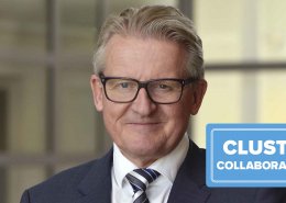 Ola Gudmundsen, CEO LINK Medical, in a suit and tie, headshot, label in blue with the text "cluster collaborations".